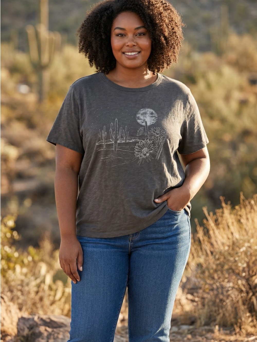 Old Navy Desert Cactus Graphic Tee 2X | Gray Moon Western Boho T-Shirt